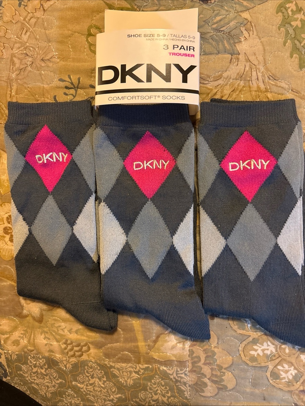 DKNY Women’s Gray & Pink Argyle Trouser Socks - two packs of three.  Six pair.